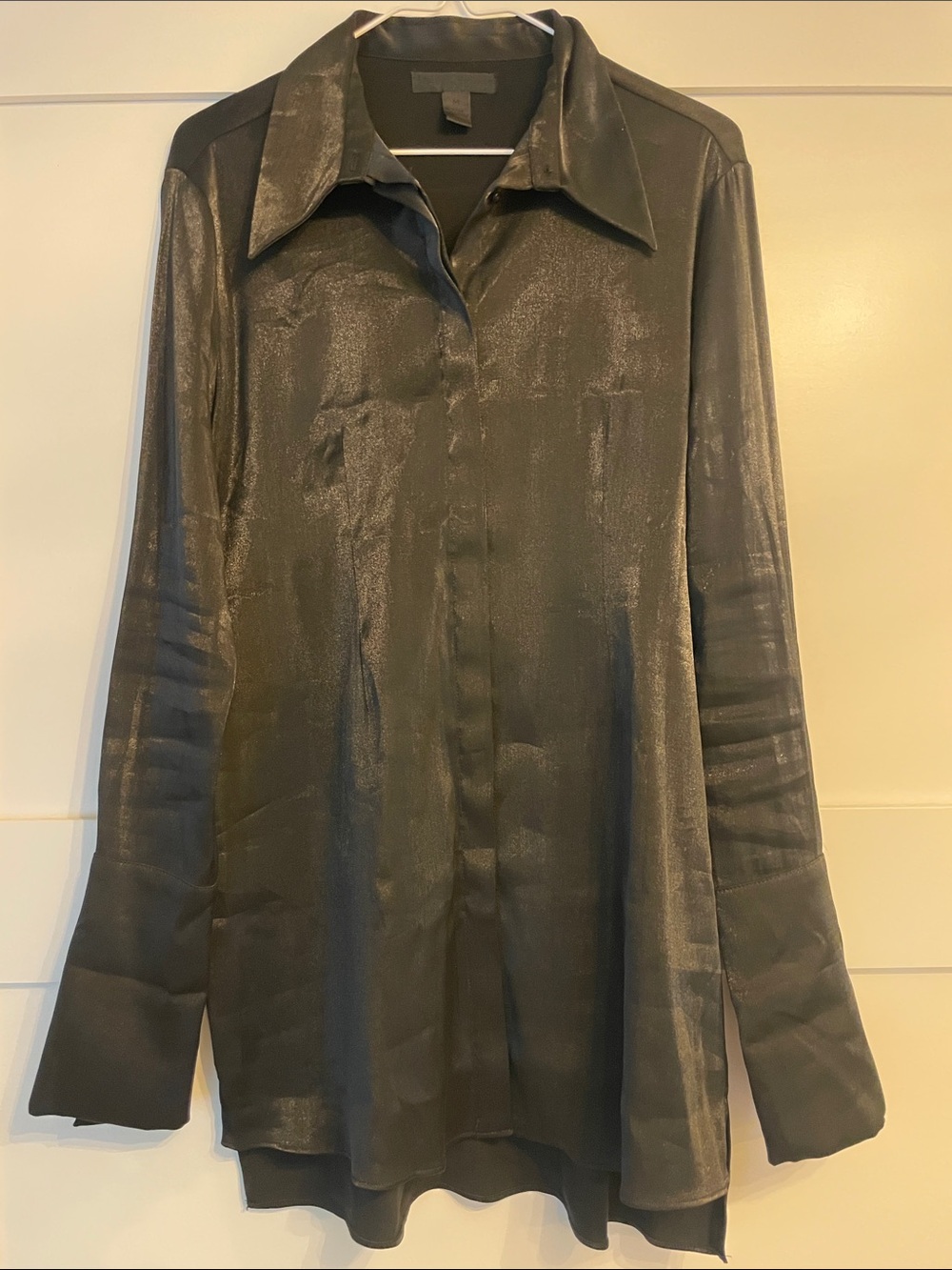 Pamela Dennis Shiny Black Skeleton Cuff Long-Sleeve Button-Up Tunic Shirt M